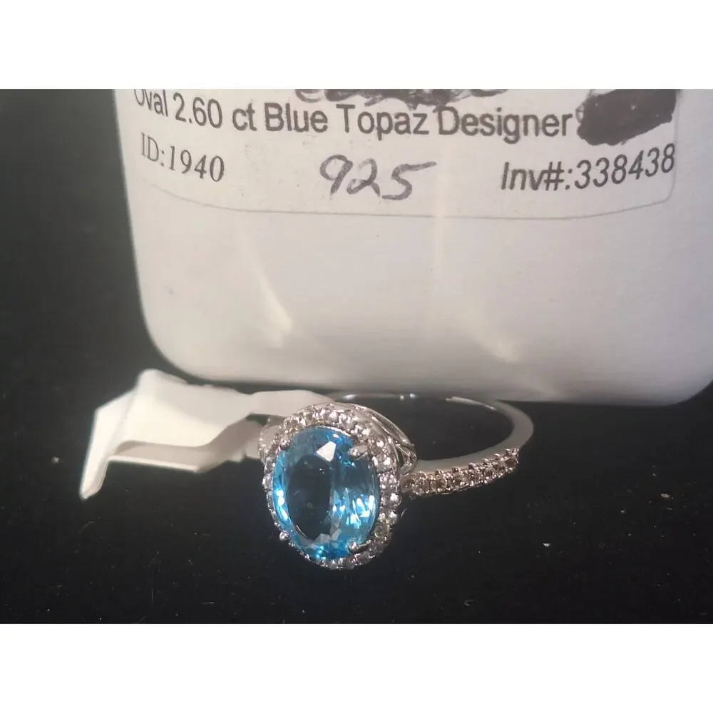 925 Sterling Silver Blue 2.60ct Topaz Halo Ring Oval Light Blue Size 6.5 NIB